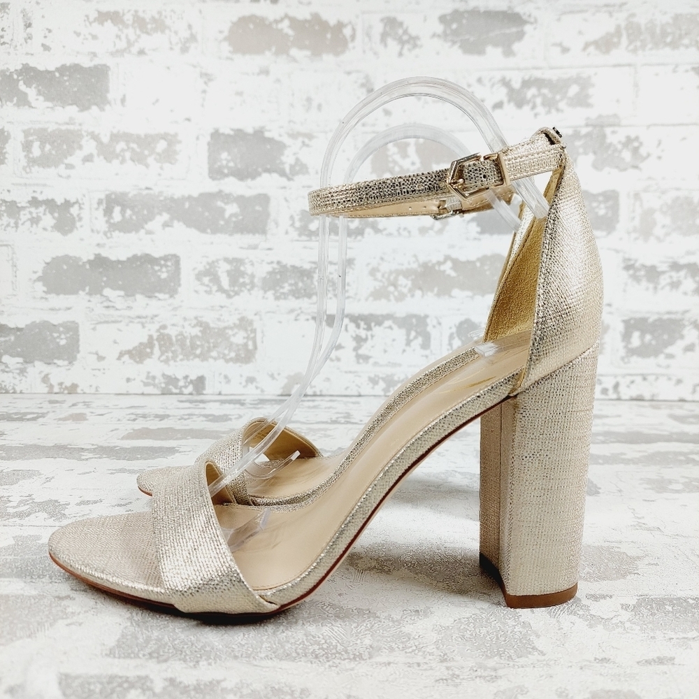 New Sam Edelman Yaro Gold Leather Ankle Strap Heeled Sandals T584